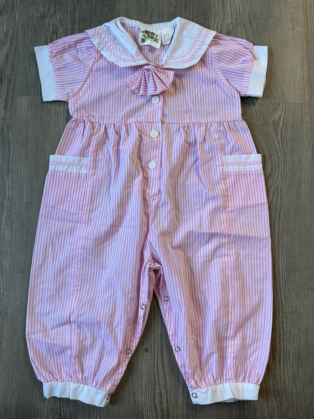 Vintage Fancy Pants Classic Pink Stripe Baby Romper with Accordion Bow 24M